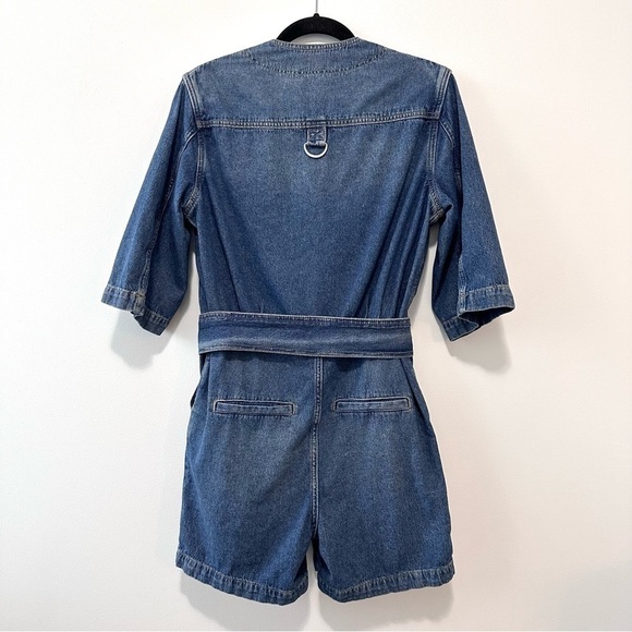AllSaints Abbey Denim Jumpsuit Short Belted Onesie Romper Blue Sz 4 - Picture 4 of 15